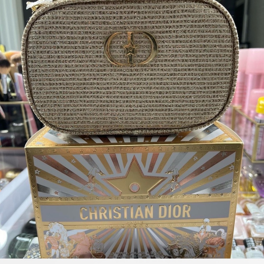 New Dior Beige Woven Cosmetic Pouch with Gold Logo
